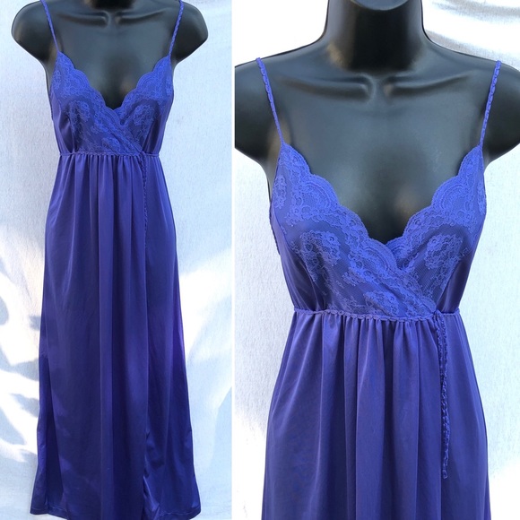 Vintage Other - Vintage Gilead Dark Blue Nightgown, Long silky with Ties, Lace, Spaghetti Straps
